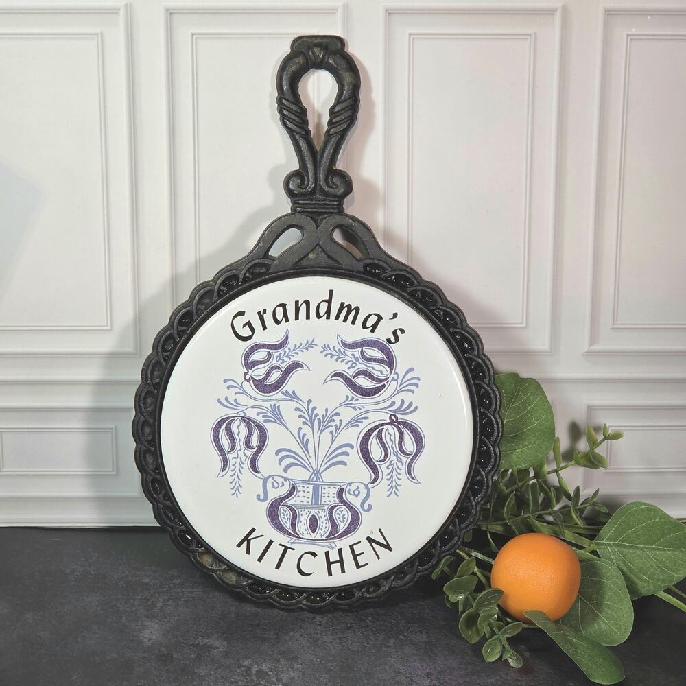 Grandma's Kitchen Vintage Mid-State Cast Iron Hot Plate Trivet with Round Tile